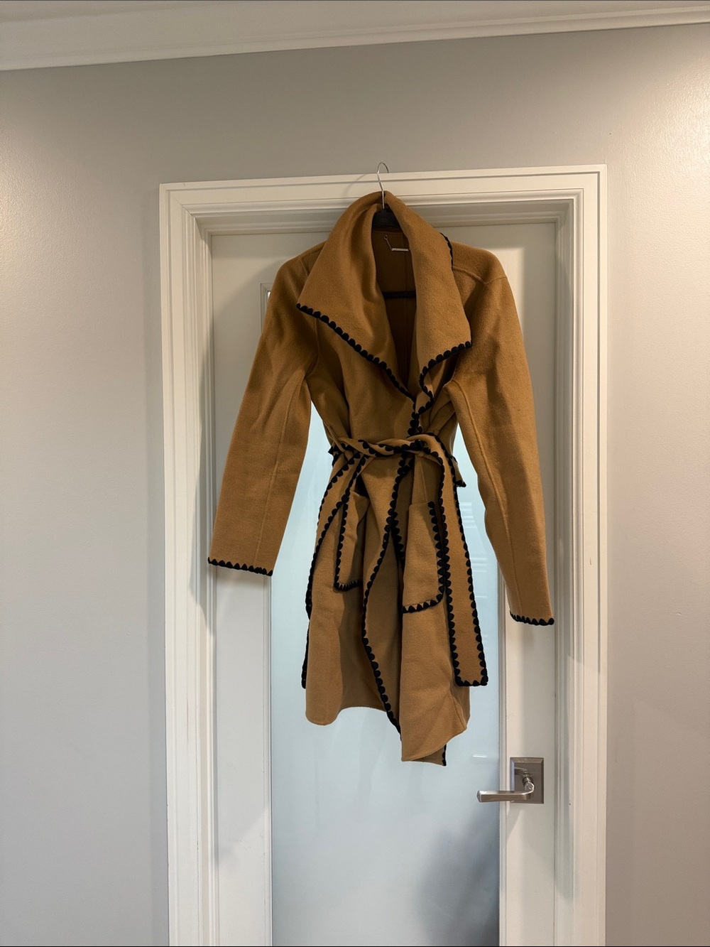 Women’s Camel Wrap Coat with Black Trim